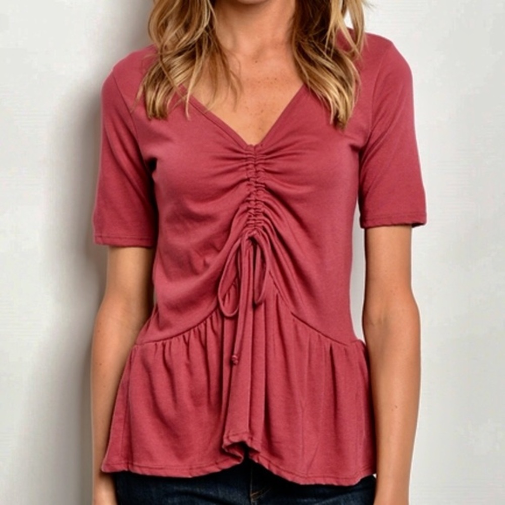 BERRY SHORT SLEEVE‎ WITH TIE FRONT TOP- V-NECK-NWT